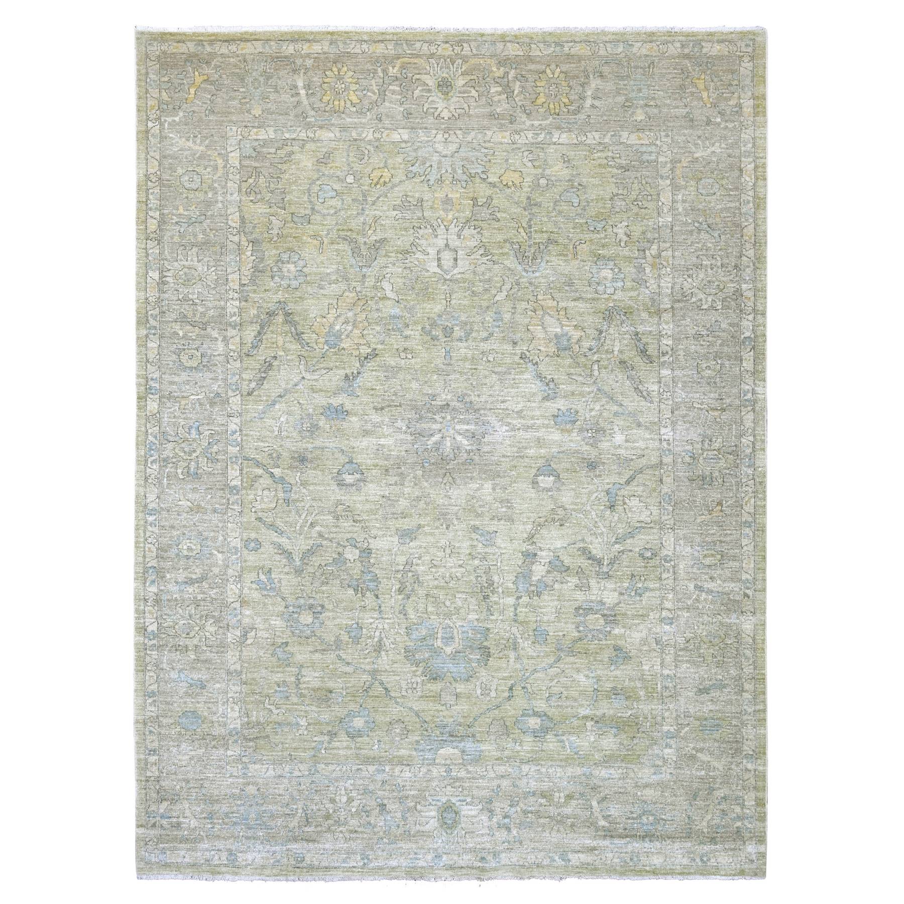9'x11'10" Swamp Green, Peshawar with All Over Design, Hand Knotted, High Mountain Wool, Densely Woven, Oriental Rug 